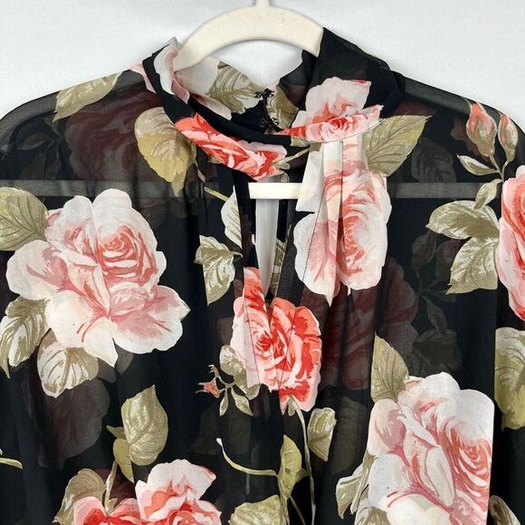 Soho Jeans New York & Company Floral Keyhole Sheer Wrap Blouse Large - Picture 2 of 11